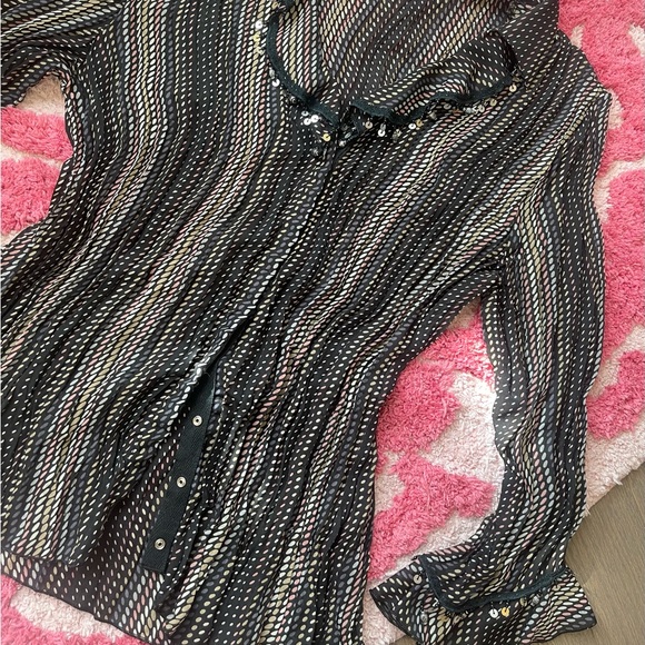 Dress Barn Black and White Striped Collar Long Sleeve Sheer Buttoned Blouse Y2K - Picture 3 of 6
